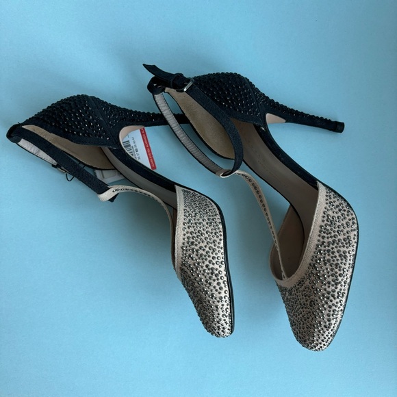 Rhinestone Studded T-strap Heels in Nude/Black/Pewter combination - Picture 4 of 7